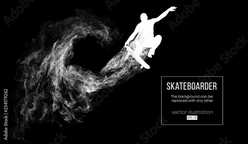 Abstract silhouette of a skateboarder on the dark black background from particles, dust, smoke. Skateboarder jumps and performs the trick. Background can be changed to any other. Vector illustration