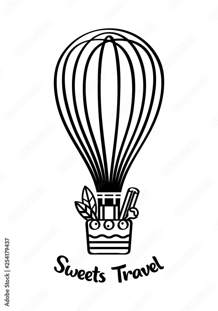 Black graphic icon or logo for sweets shop, street bakery or catering. Whisk in image of air balloon with basket of ingredients for desserts. Vector illustration isolated on white background. Black graphic icon or logo for sweets shop, street bakery or catering. Whisk in image of air balloon with basket of ingredients for desserts. Vector illustration isolated on white background.