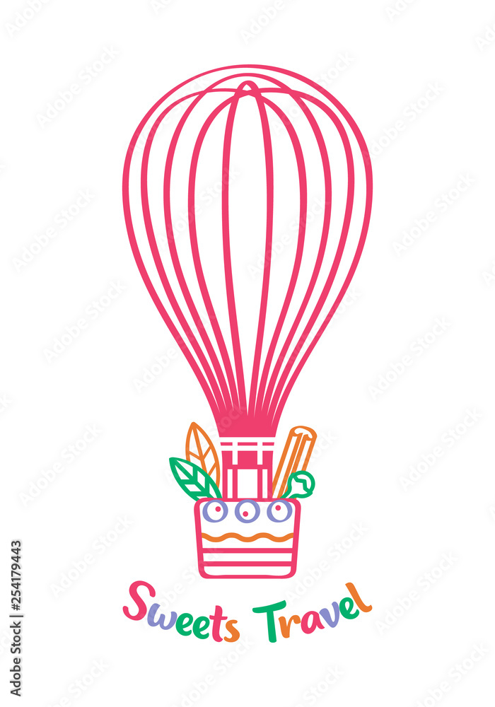 Color graphic icon or logo for sweets shop, street bakery or catering. Whisk in image of air balloon with basket of ingredients for desserts. Vector illustration isolated on white background.