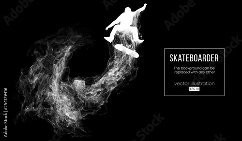 Abstract silhouette of a skateboarder on the dark black background from particles, dust, smoke. Skateboarder jumps and performs the trick. Background can be changed to any other. Vector illustration