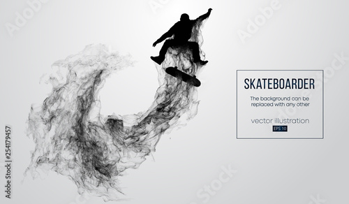 Abstract silhouette of a skateboarder on the white background from particles, dust, smoke, steam. Skateboarder jumps and performs the trick. Background can be changed to any other. Vector illustration