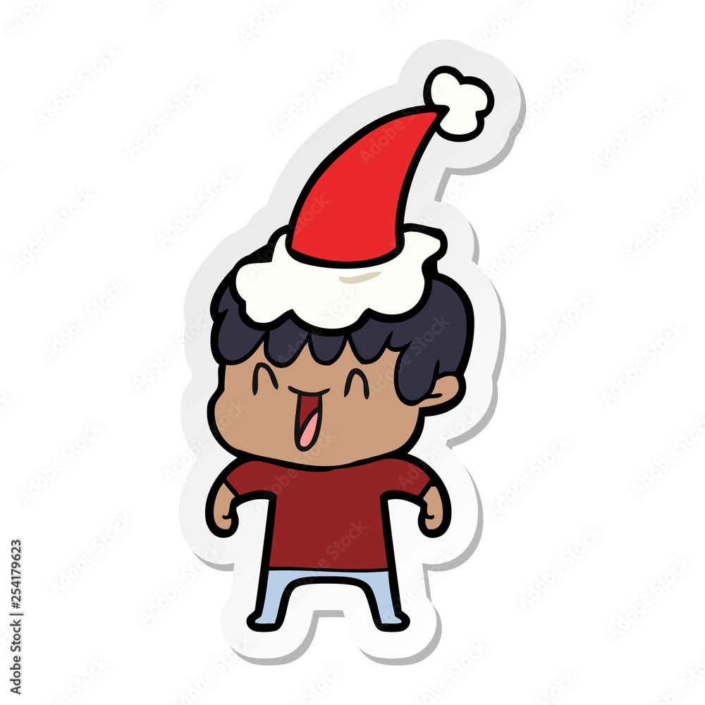 sticker cartoon of a laughing boy wearing santa hat