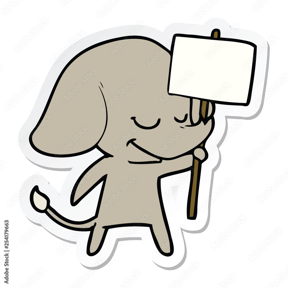 Obraz premium sticker of a cartoon smiling elephant with placard
