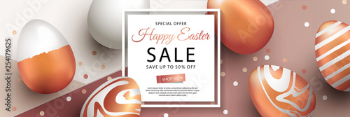 Easter Sale banner design with square frame, rose gold ornate eggs and confetti. Holiday Easter background with place for your text. Modern style greeting card or invitation. Flyer, poster template