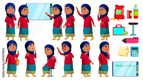 Arab, Muslim Girl Kid Poses Set Vector. High School Child. Schoolchild. Funny, Friendship, Happiness Enjoyment. For Banner, Flyer, Web Design. Isolated Cartoon Illustration