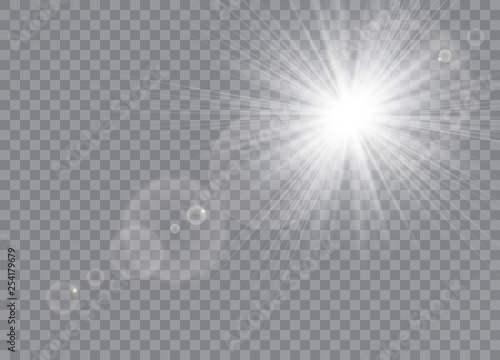 Light flare special effect with rays of light. Glow transparent vector light effect set, explosion, glitter, spark, sun flash.