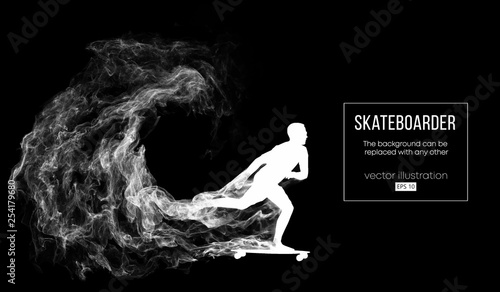Abstract silhouette of a skateboarder on the dark black background from particles, dust, smoke. Skateboarder jumps and performs the trick. Background can be changed to any other. Vector illustration