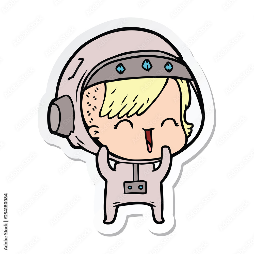 sticker of a cartoon laughing astronaut girl