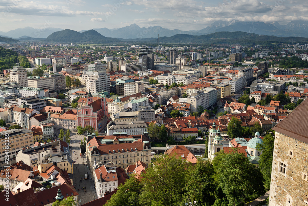 Old Ljubljana capital city of Slovenia with the Karawanks, Mount Saint Mary, and Kamnik Savinja limestone Alps from the hilltop Ljubljana Castle