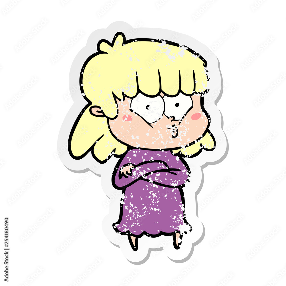 distressed sticker of a cartoon whistling girl distressed sticker of a cartoon whistling girl