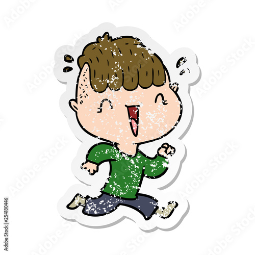 distressed sticker of a cartoon happy boy surprised