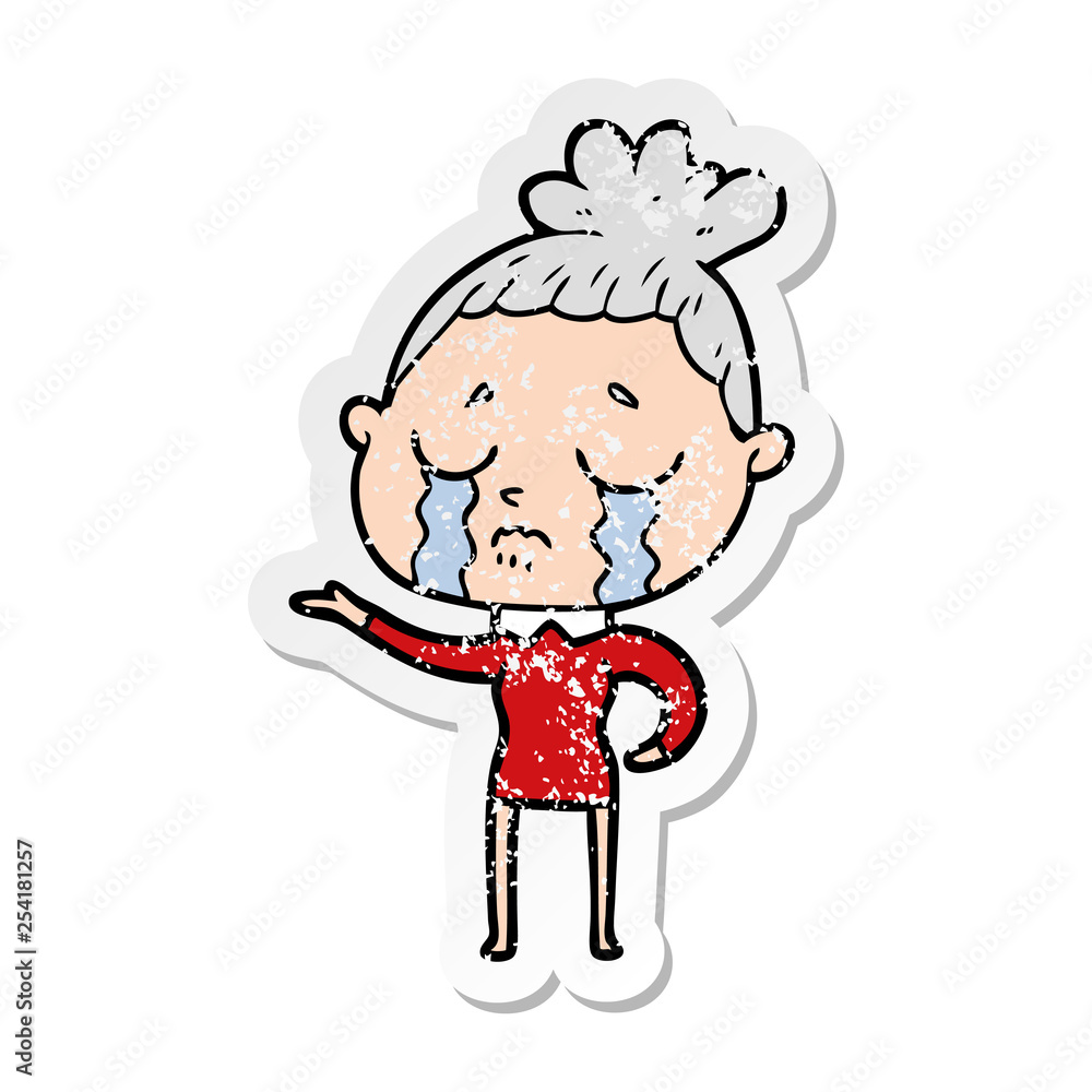 distressed sticker of a cartoon crying woman distressed sticker of a cartoon crying woman