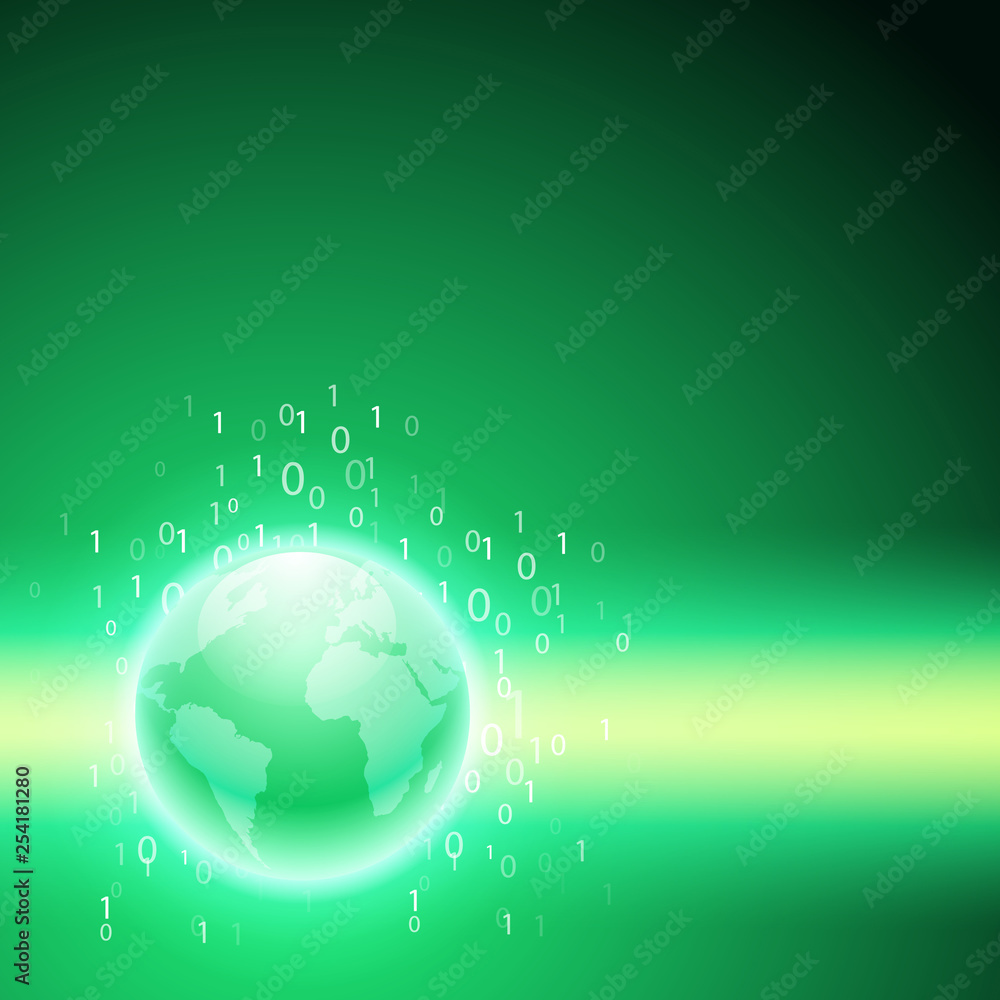 Stream of binary code to the globe. Green background. Stream of binary code to the globe. Green background.