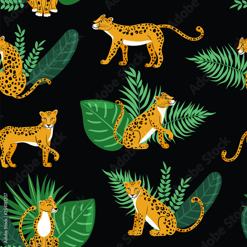 Leopard seamless pattern. Composition with cute  leopards and tropical leaves isolated on black background. Vector illustration for textile  postcard  fabric  wrapping paper  background  packaging.