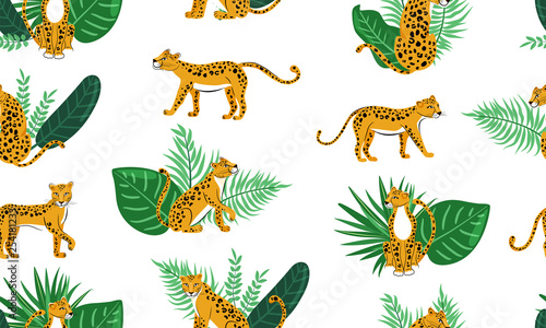 Leopard seamless pattern. Composition with cute  leopards and tropical leaves isolated on white background. Vector illustration for textile, postcard, fabric; wrapping paper, background, packaging.