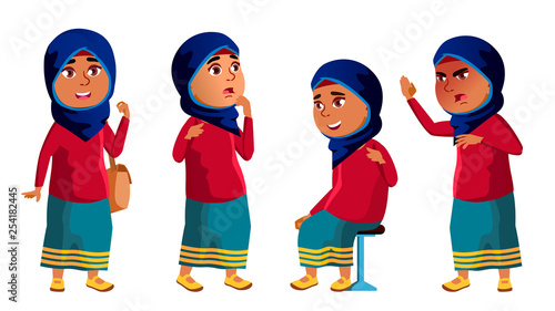 Arab, Muslim Girl Kid Poses Set Vector. High School Child. child, pupil. Active, Joy, Leisure. For Banner, Flyer, Brochure Design. Isolated Cartoon Illustration