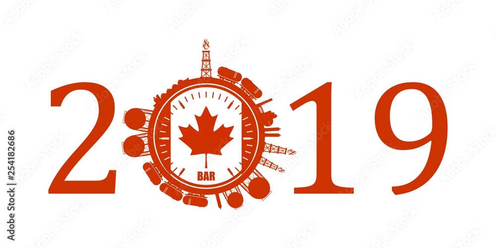 Circle with energy relative silhouettes. Design set of natural gas industry. Objects located around the manometer circle. 2019 year number. Flag of the Canada
