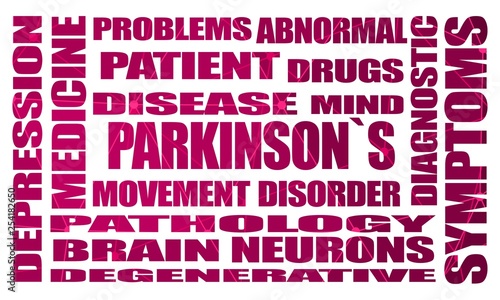 Parkinsons syndrome disease tags cloud. Connected lines with dots. Healthcare and medical background