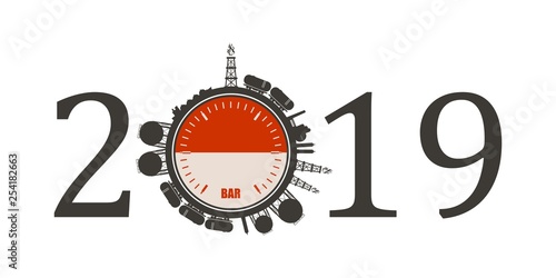 Circle with energy relative silhouettes. Design set of natural gas industry. Objects located around the manometer circle. 2019 year number. Flag of the Indonesia