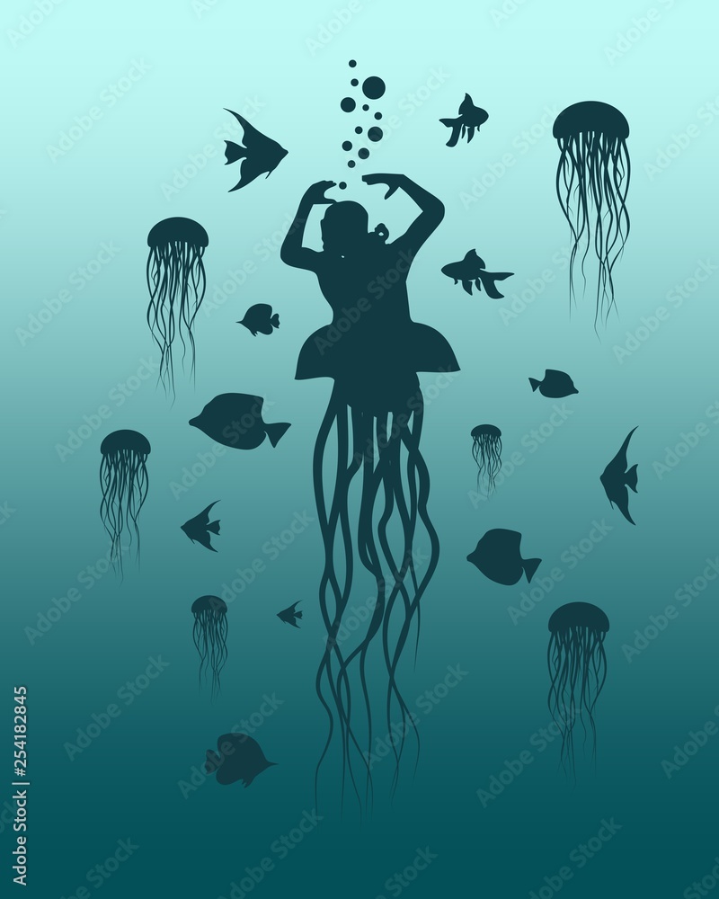 Silhouettes of diver and fishes around. Jelly fish as lower part of the body. The concept of sport diving. Silhouettes of diver and fishes around. Jelly fish as lower part of the body. The concept of sport diving.