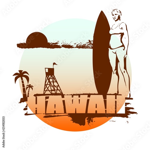 Woman posing with surfboard on grunge brush stroke. Monochrome silhouette. Vector illustration. Vintage Surfing Graphic and Emblem. Palm and lifeguard tower on backdrop. Hawaii text