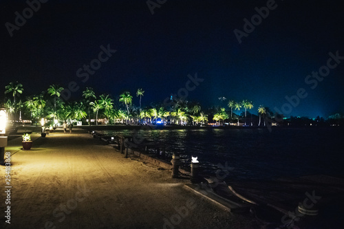 Maldives at night from the boat with the turquoise water in the foreground and palm trees