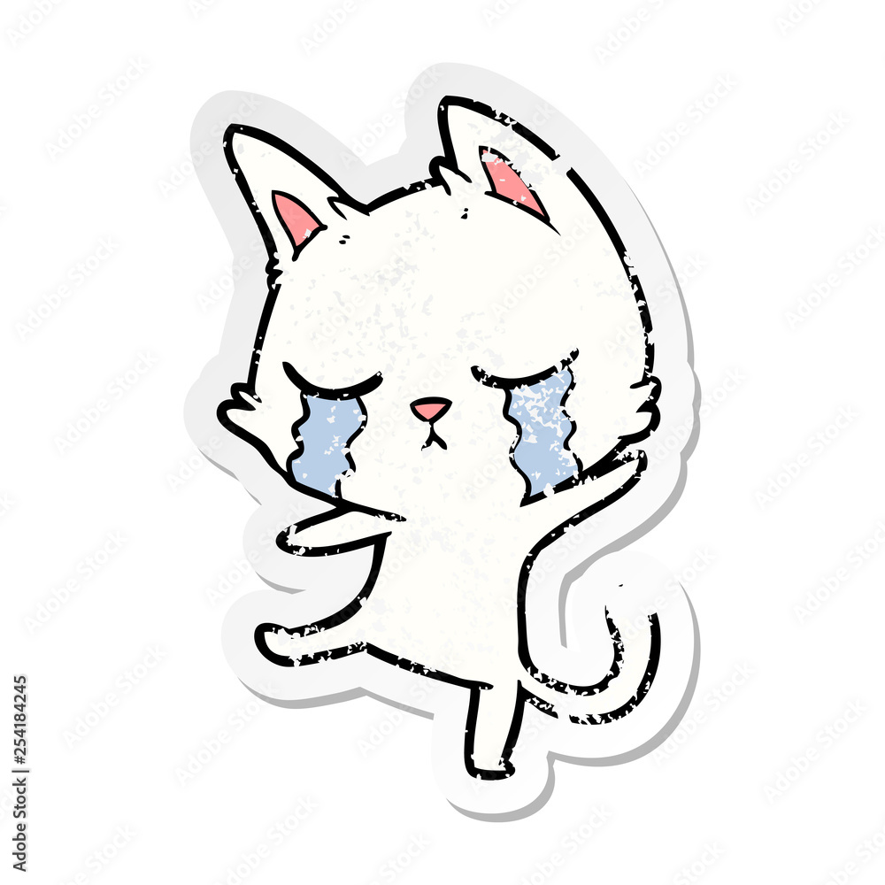 distressed sticker of a crying cartoon cat performing a dance distressed sticker of a crying cartoon cat performing a dance