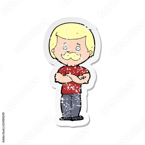 retro distressed sticker of a cartoon manly mustache man