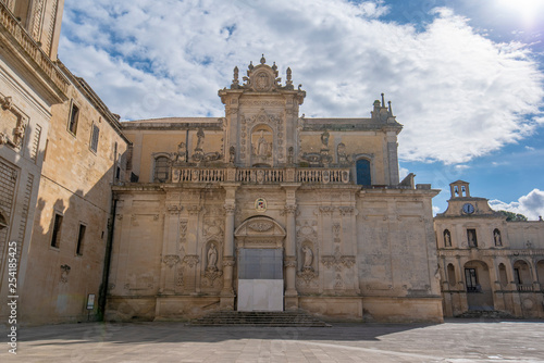 Piazza del Duomo square , Virgin Mary Cathedral ( Basilica di Santa Maria Assunta in Cielo ) , Caritas Diocesana in Lecce - Puglia, Italy. Baroque city of Apulia 