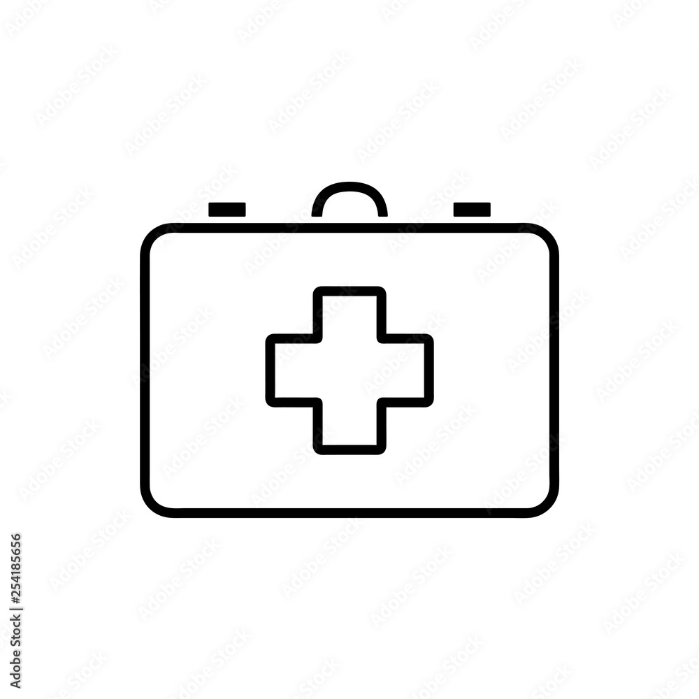 Flat line monochrome first aid kit icon for web sites and apps. Minimal simple black and white first aid kit icon. Isolated vector black first aid kit icon on white background. Flat line monochrome first aid kit icon for web sites and apps. Minimal simple black and white first aid kit icon. Isolated vector black first aid kit icon on white background.