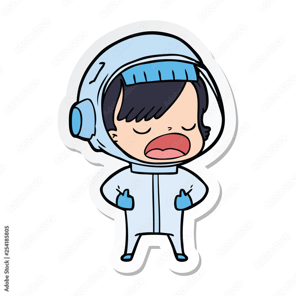 sticker of a cartoon astronaut woman explaining sticker of a cartoon astronaut woman explaining