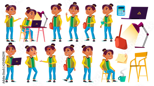 Arab, Muslim Girl Kid Poses Set Vector. High School Child. Teenage. Beauty, Lifestyle, Friendly. For Web, Poster, Booklet Design. Isolated Cartoon Illustration