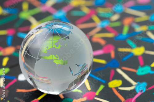Decoration glass globe with Europe map on blackboard of colorful connecting dot as financial and economics network using as Euro and brexit impact concept