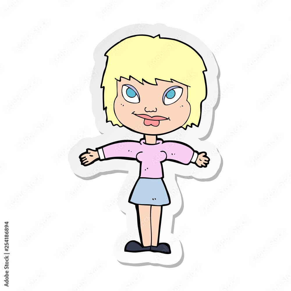 sticker of a cartoon woman with open amrs sticker of a cartoon woman with open amrs