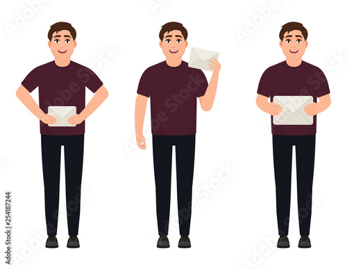 A young man holds white envelopes, a man brings or receives mail, a man sends letters, a character in a cartoon style © Vladislav