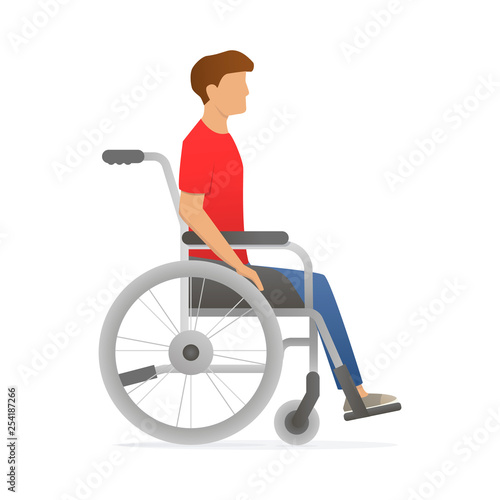 Disabled man sitting in wheelchair. Unable character. Vector