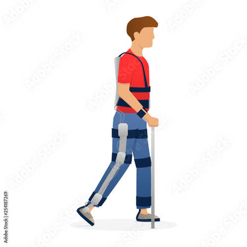 Disabled man walking with medical exoskeleton. Medicine of the future, bionics technology. Vector.