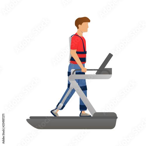 Disabled man walking with medical exoskeleton on treadmill. Medicine of the future, bionics technology. Vector.