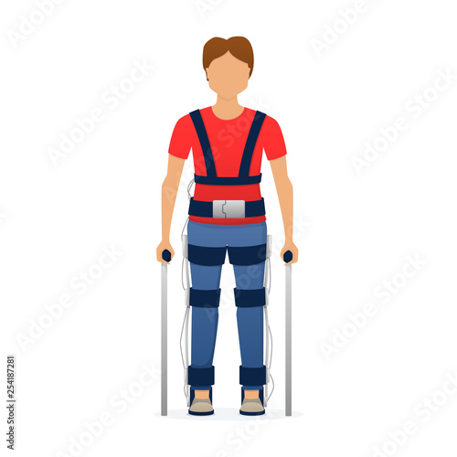 Disabled man wearing medical exoskeleton. Medicine of the future, bionics technology. Vector.