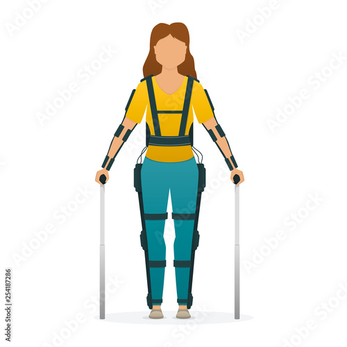 Disabled woman stay with medical exoskeleton. Medicine of the future, bionics technology. Vector.
