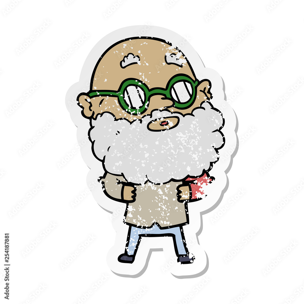 distressed sticker of a cartoon curious man with beard and glasses