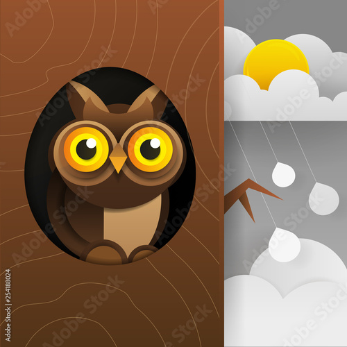 Cute Owl Sitting In Hollow Of Tree, Hollowed Out Old Tree And Cute Animal Cartoon Character Vector