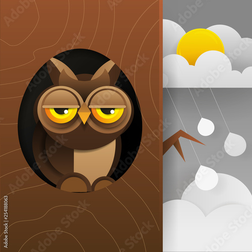 Cute Owl Sitting In Hollow Of Tree, Hollowed Out Old Tree And Cute Animal Cartoon Character Vector