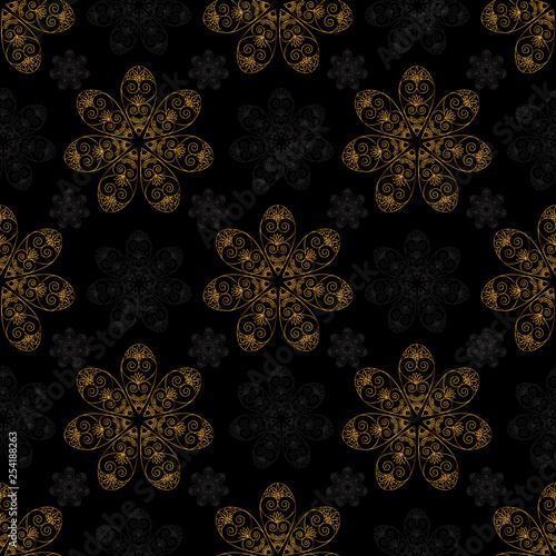 Golden vector mandala seamless pattern black background