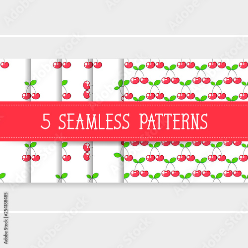 Set Of Five Seamless Patterns For Your Products And Business. Vector Of Cherry