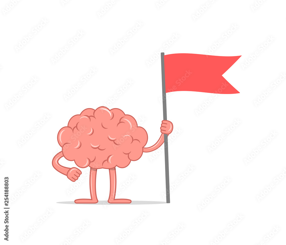 Cartoon brain holding red flag. Isolated character of the brain in flat style. Vector illustration. Cartoon brain holding red flag. Isolated character of the brain in flat style. Vector illustration.