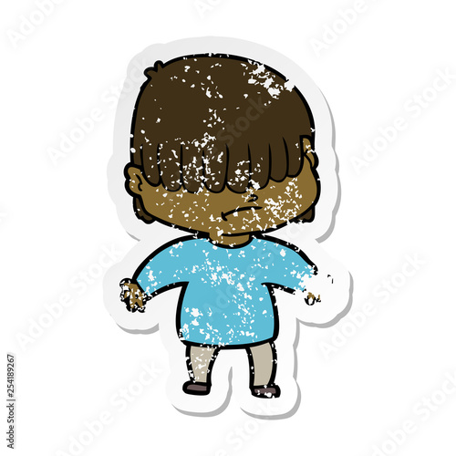 distressed sticker of a cartoon boy with untidy hair
