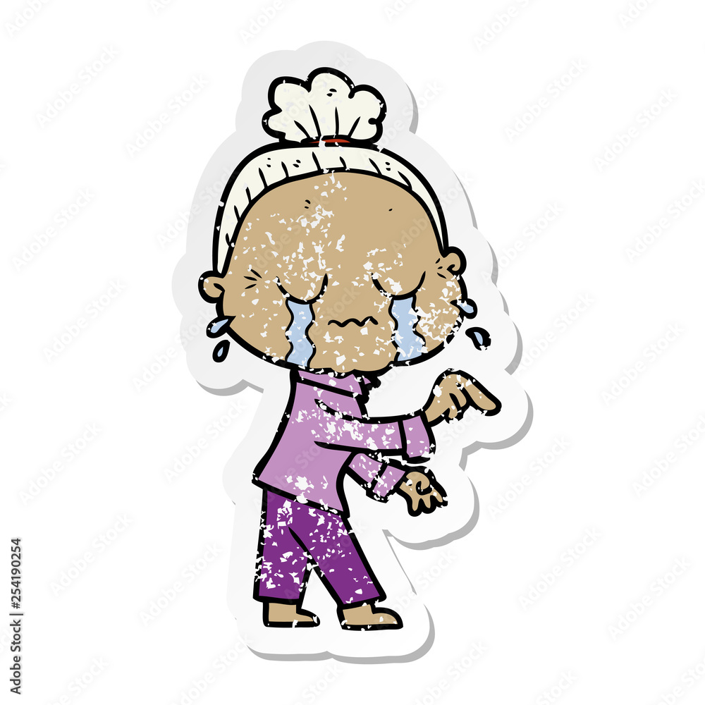 distressed sticker of a cartoon crying old lady distressed sticker of a cartoon crying old lady