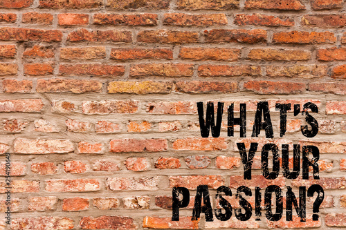 Handwriting text writing What S Your Passionquestion. Conceptual photo asking someone about his dreams and hopes Brick Wall art like Graffiti motivational call written on the wall