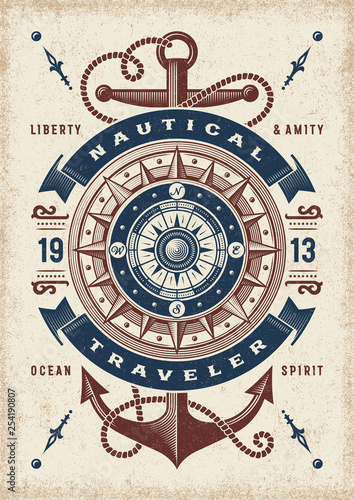 Vintage Nautical Traveler Typography. T-shirt and label graphics in woodcut style. Editable EPS10 vector illustration.